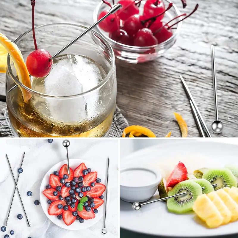 a collage of fruit, ice, and cocktail