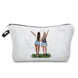 a white makeup bag with a watercolor painting of two girls on it