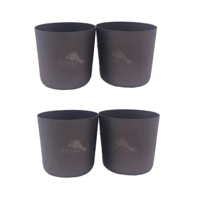 four black plastic cups with the logo of the company