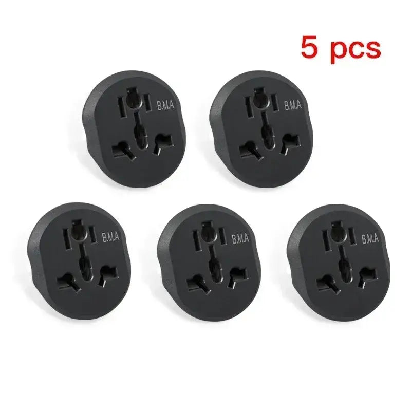 Four black plugs with the names of the five plugs