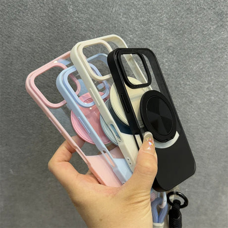 Four clear phone cases with colorful bumpers and built-in magnetic rings.