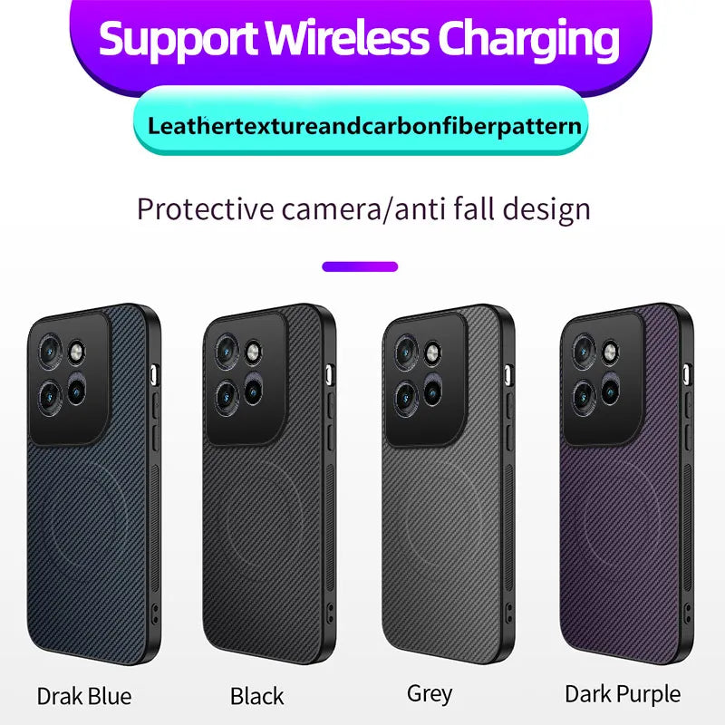 Four colored phone cases with a carbon fiber pattern.