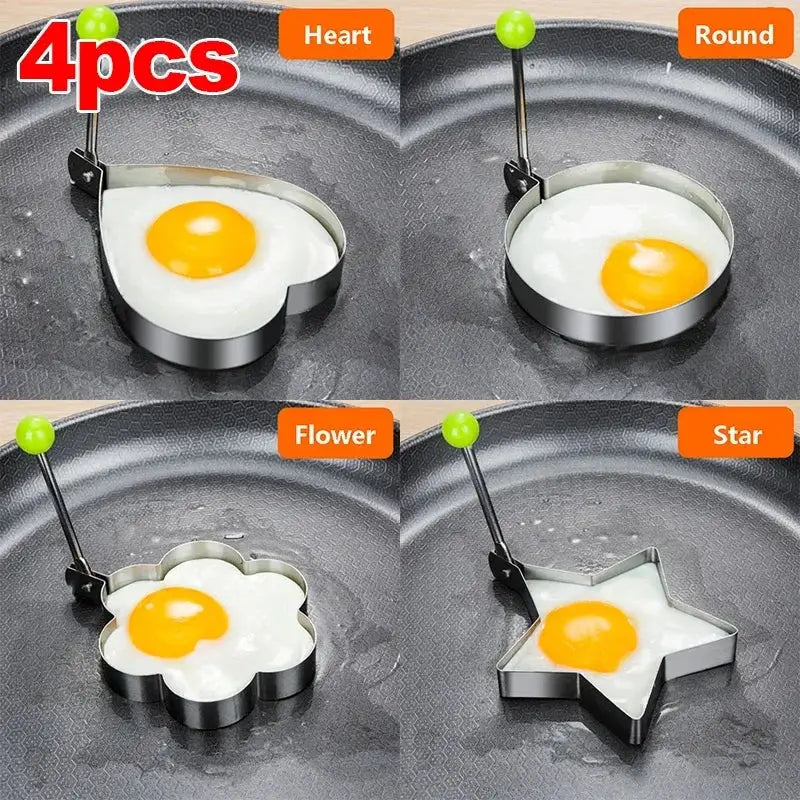four eggs being cooked in a pan with a spat