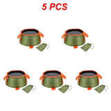 four green and orange buckets with a string tied to them