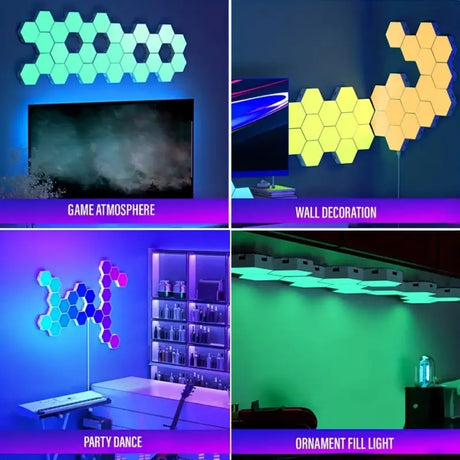 Four different images of a room with a tv and a neon light