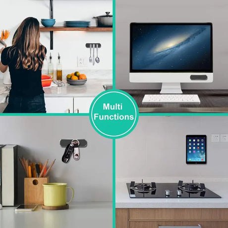 a woman standing in front of a computer and a desk