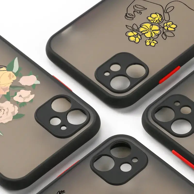 four iphone cases with flowers on them