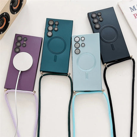 Four MagSafe-compatible phone cases with lanyards in different colors.