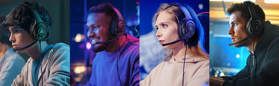 Four people wearing headsets in different colored lighting environments.