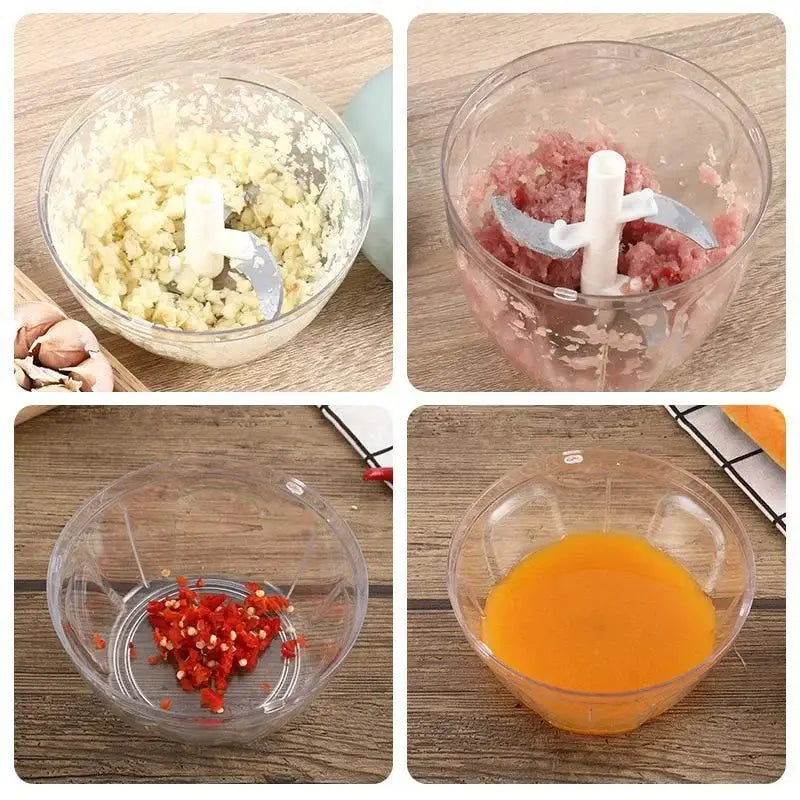 four pictures showing how to make a meat in a food processor
