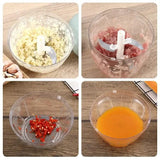 four pictures showing how to make a meat in a food processor