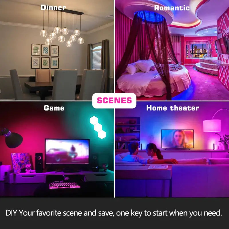 Four different pictures of a room with a bed, a tv, and a lamp