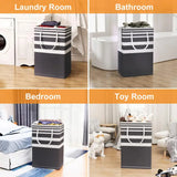 a col of four images showing the different types of laundry bins