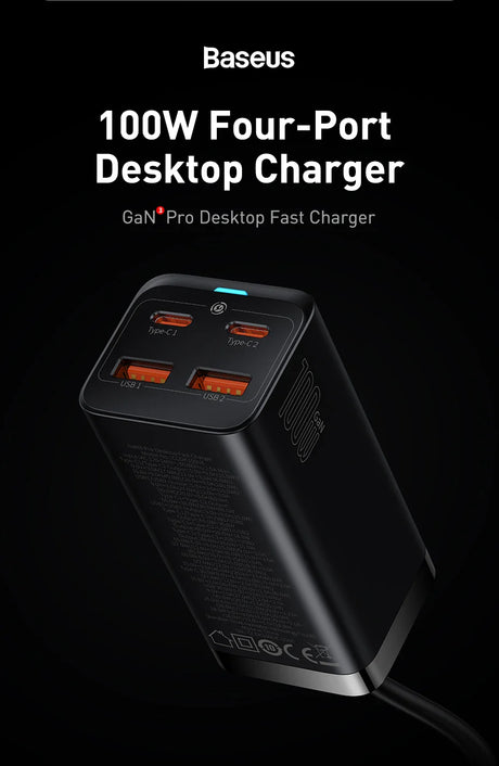 Four-port desktop charger with 100W power output and GaN Pro technology.