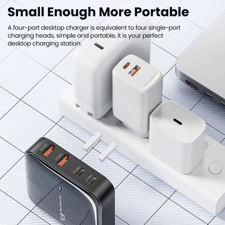 Four-port desktop charger with multiple USB ports for charging devices.