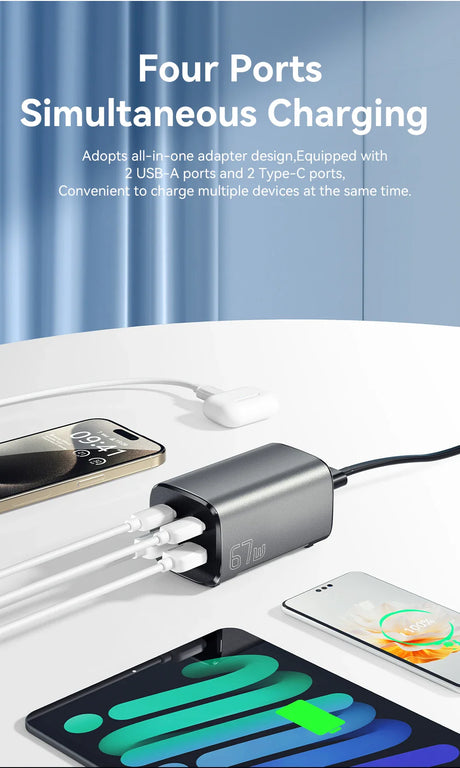 Four-port USB charging adapter with two USB-A and two USB-C ports for simultaneous device charging.