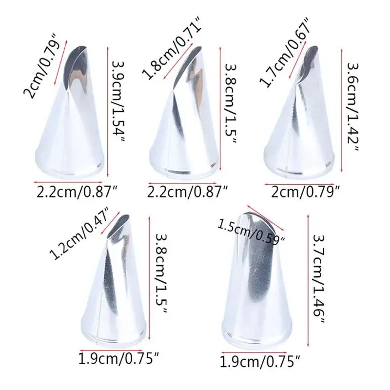 four different sizes of cone shaped metal cones with measurements