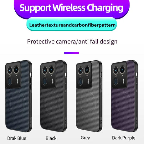 Four smartphone cases in different colors with a carbon fiber pattern and MagSafe-compatible ring.