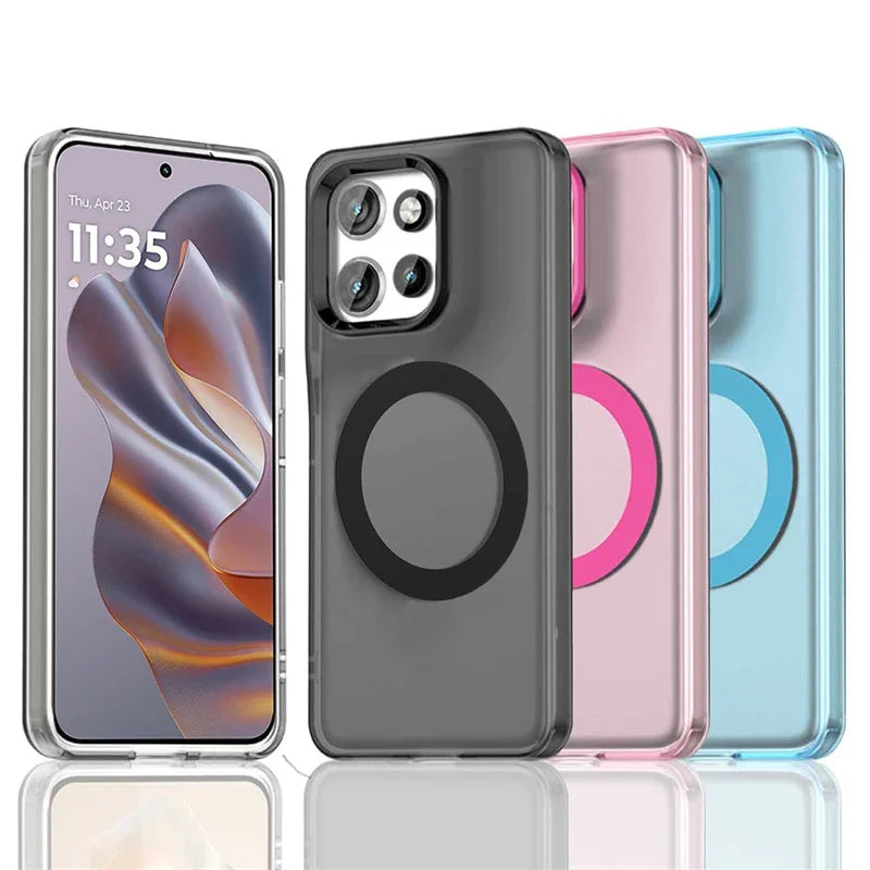 Four smartphone cases in various transparent colors, one with a phone inside.