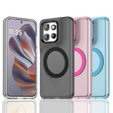 Four smartphone cases in various transparent colors, one with a phone inside.