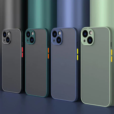 Four smartphones with multi-lens camera setups and colorful side accents.
