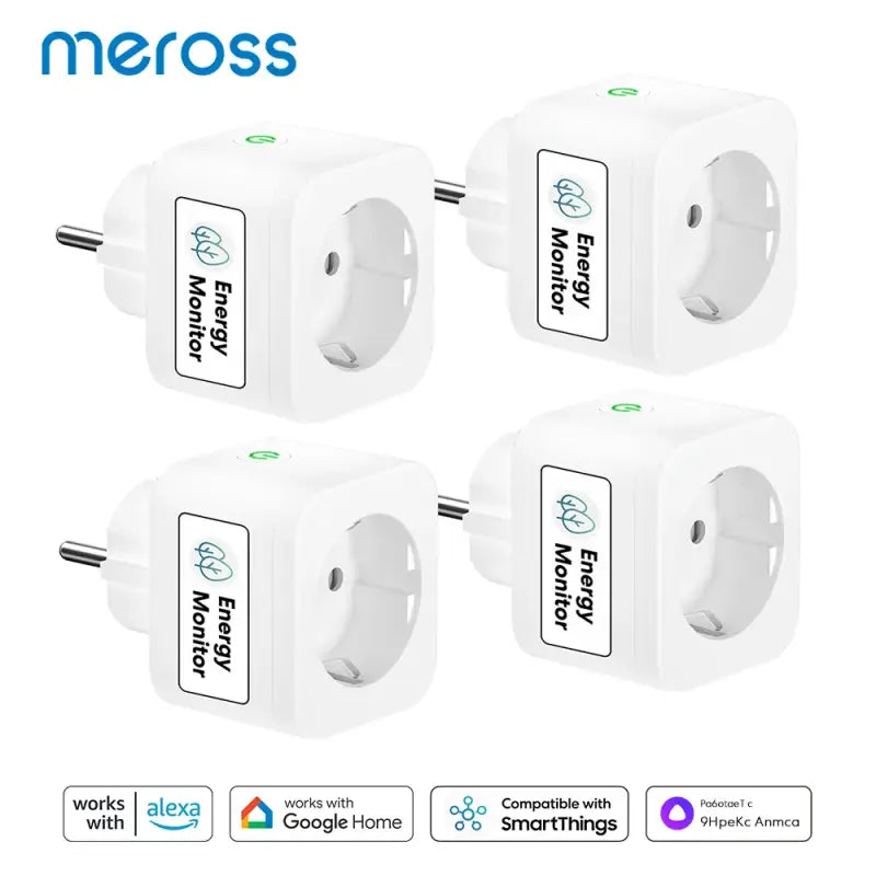 four different types of smart plugs with different logos