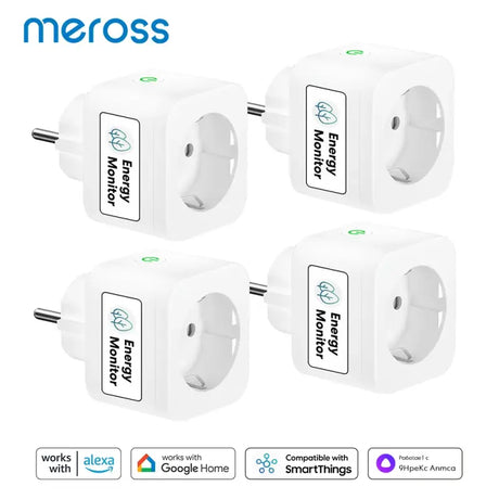 four different types of smart plugs with different logos