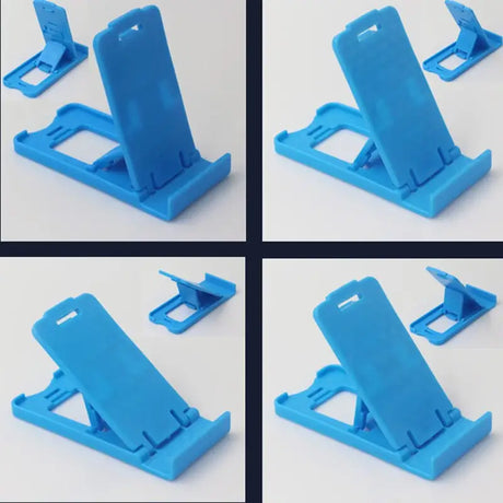 four different views of a blue phone stand