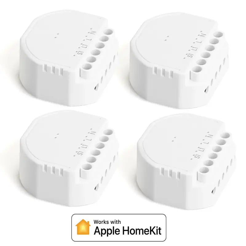 Four white apple homekit wifi routers with apple homekit logo