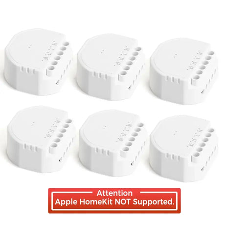 Four white apple homekit not supported plugs with a red sign