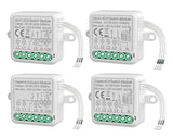 four white electronic switches with green buttons and wires