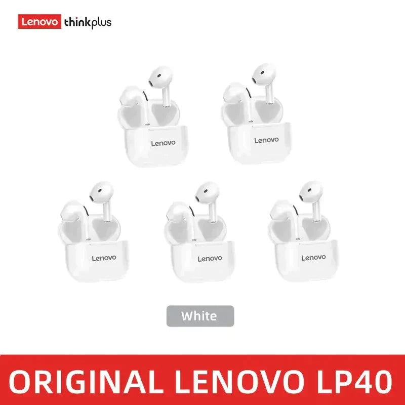 four white lenovo t40s earphones with a red and white background