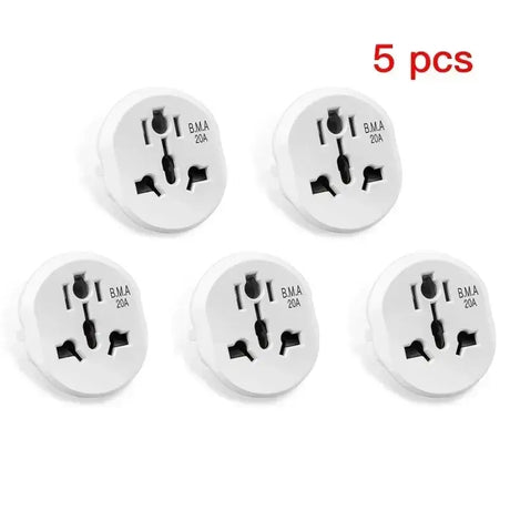 Four white plugs with black and white numbers on them