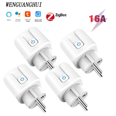 Four white plugs with a blue button and a white one