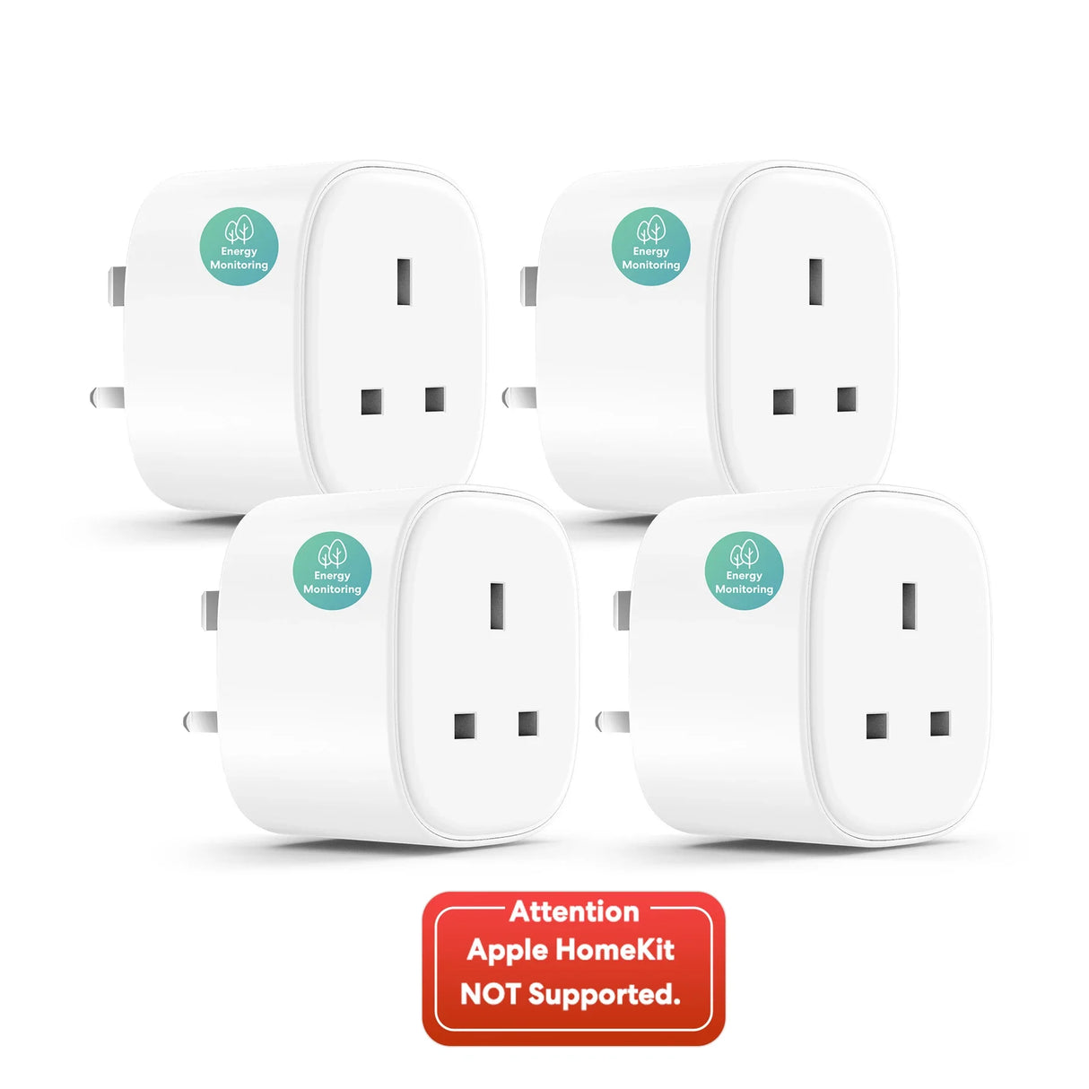 four white plugs with a green sticker on them with the words apple homekit not supported