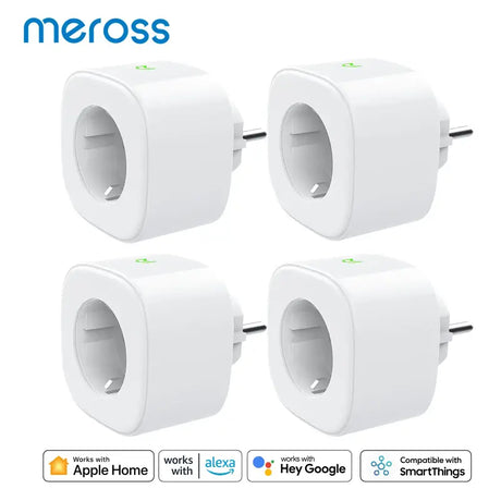 Four white plugs with different logos and icons on them