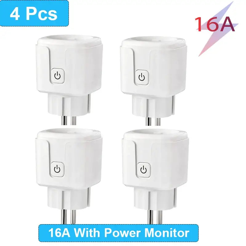 four white power adapters with a blue and white sign