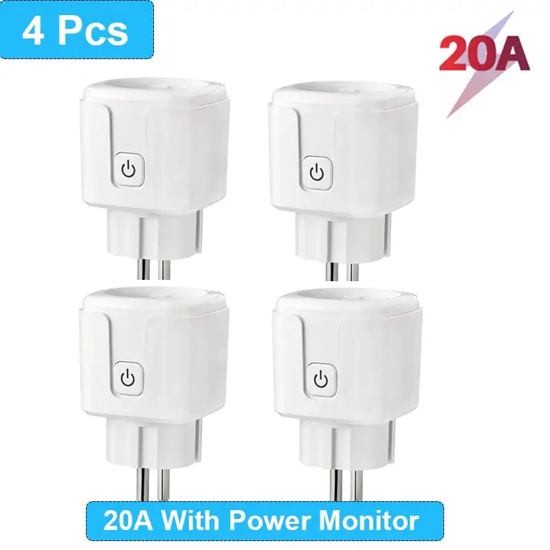 four white power adapters with a blue sign on them