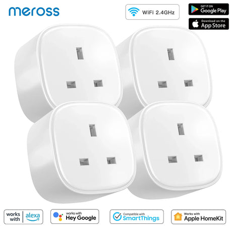 four white smart wifi plugs with different features