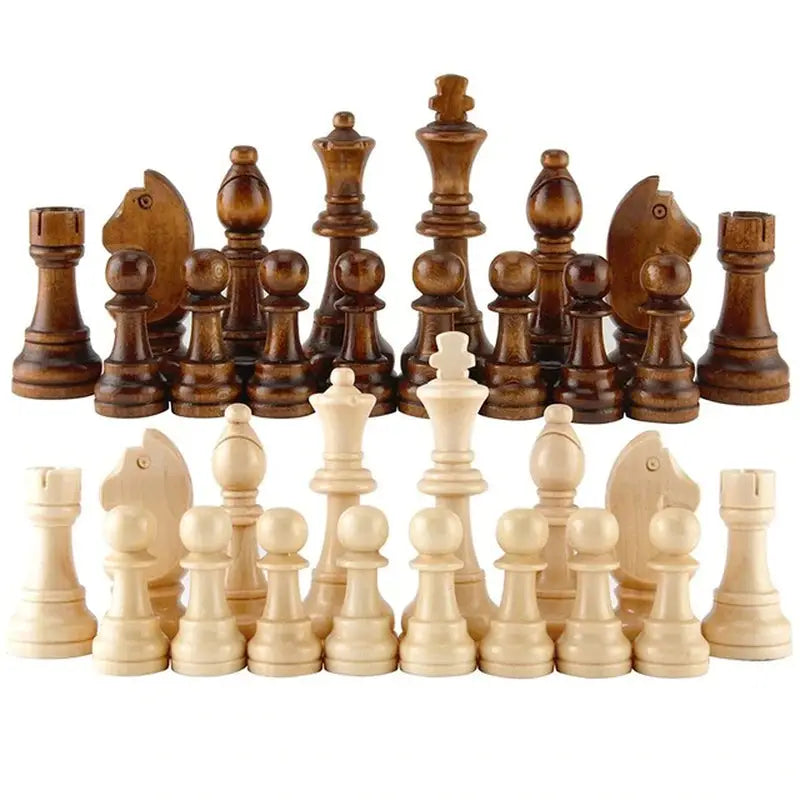 a chess set with pieces of wood and a piece of wood