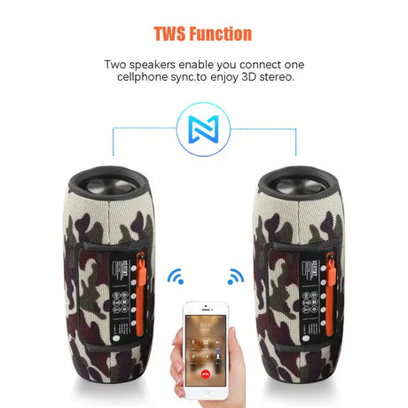 a person holding a cell phone and a cam camo speaker