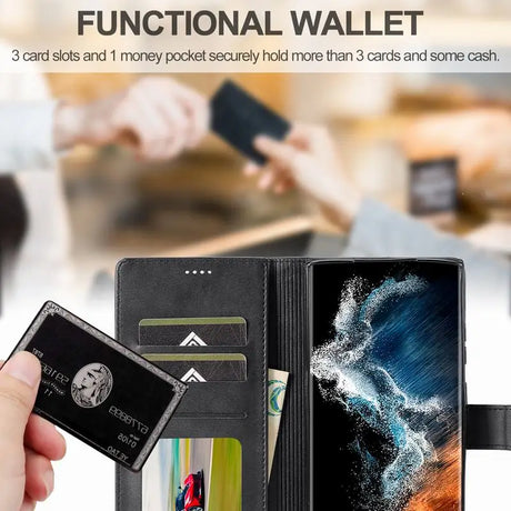 Functional wallet with card slots, money pocket, and smartphone holder.