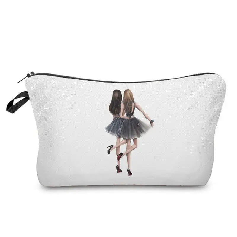 a white cosmetic bag with a girl in a tulle