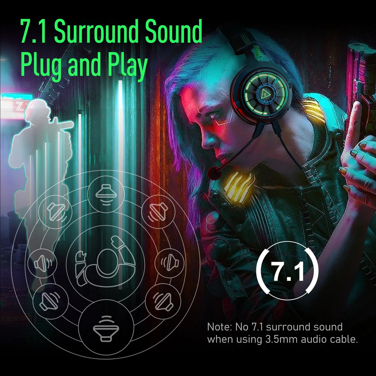 Futuristic headphones with colorful neon lighting and 7.1 surround sound capability.