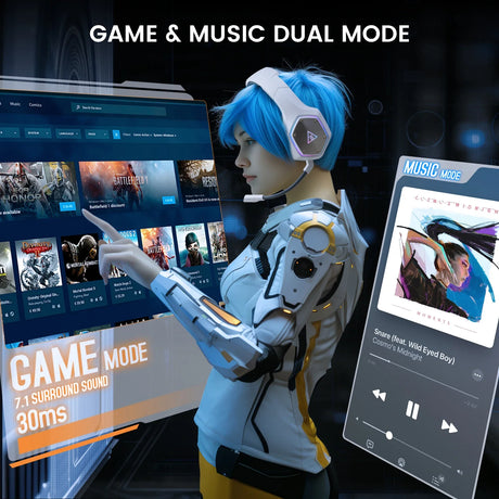 Futuristic humanoid figure wearing headphones and interacting with holographic game and music interfaces.