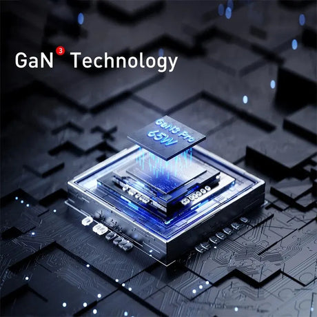 Futuristic microchip or semiconductor device showcasing GaN technology with glowing blue elements.