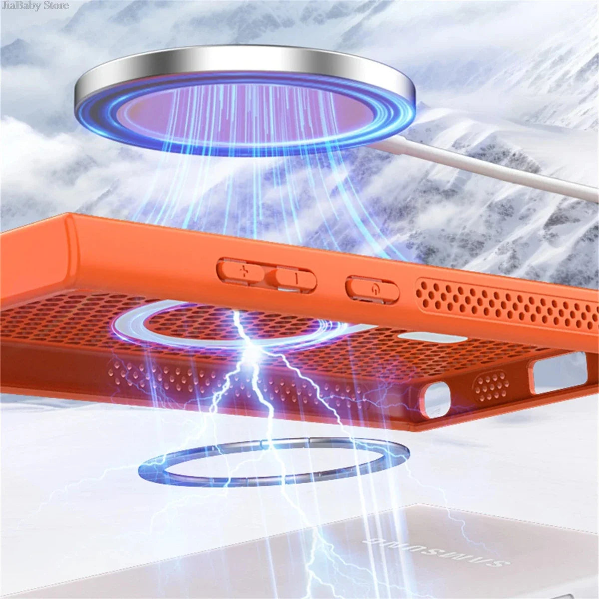 Futuristic orange device emitting blue energy rings and lightning.