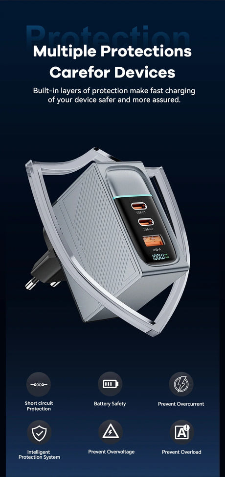 Futuristic shield-shaped device charger with multiple USB ports and protective features.