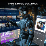 Futuristic soldier or gamer wearing headphones and interacting with holographic game and music interfaces.