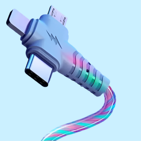 Futuristic USB charging cable with colorful glowing elements and a lightning bolt design.